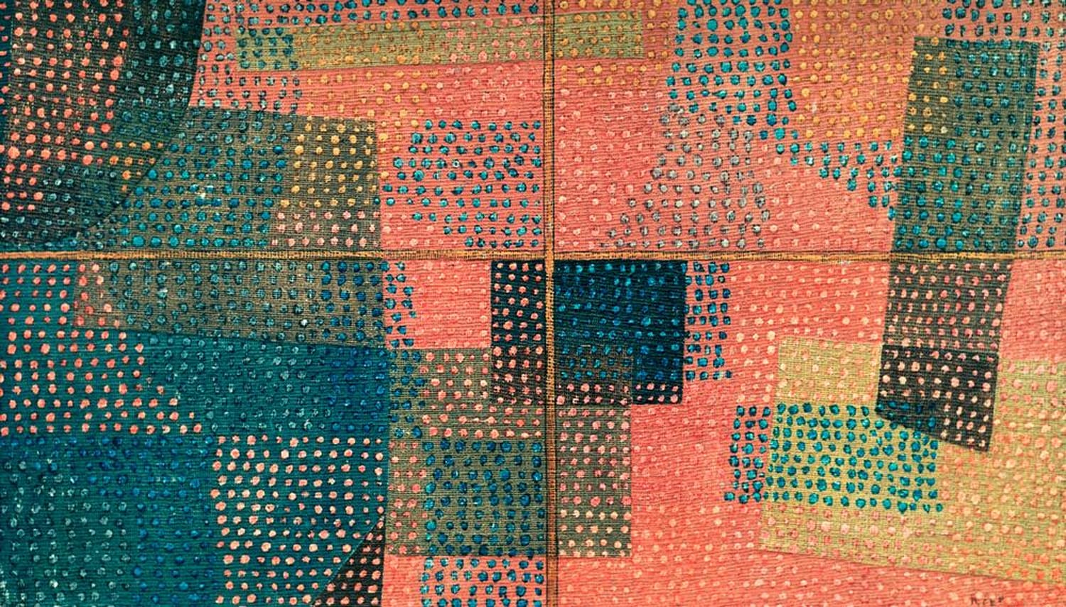 Abstraktes Fensterbild mit bunten Farbflächen und geometrischen Formen von Paul Klee.