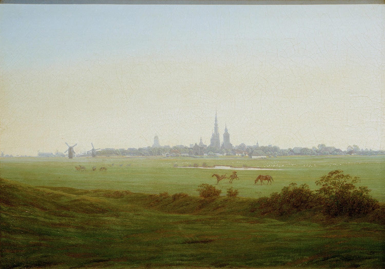 Weite norddeutsche Landschaft mit Feldern und Bäumen – Gemälde von Caspar David Friedrich.