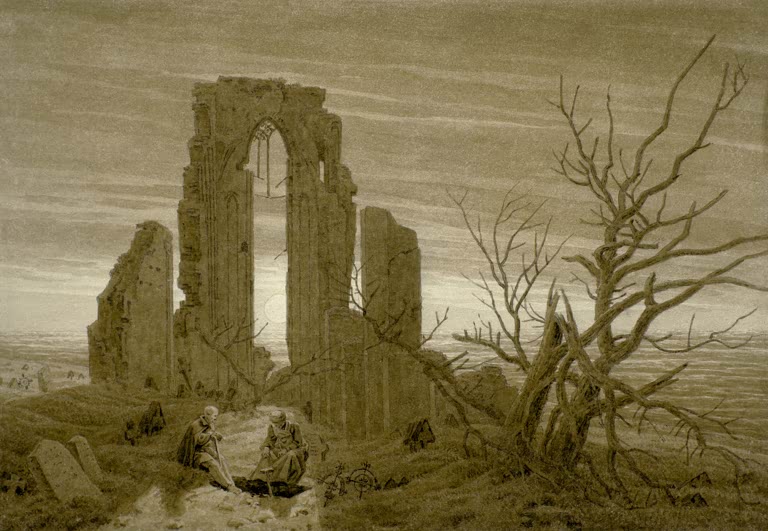 „Der Winter“ von Caspar David Friedrich – verschneite romantische Landschaft mit kahlen Bäumen und einer Kirchenruine.