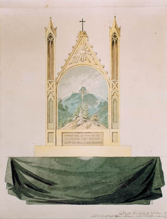 „Kreuz vor Regenbogen im Gebirge“ von Caspar David Friedrich – Kreuz vor einer Gebirgslandschaft mit Regenbogen und stimmungsvoller Lichtwirkung.