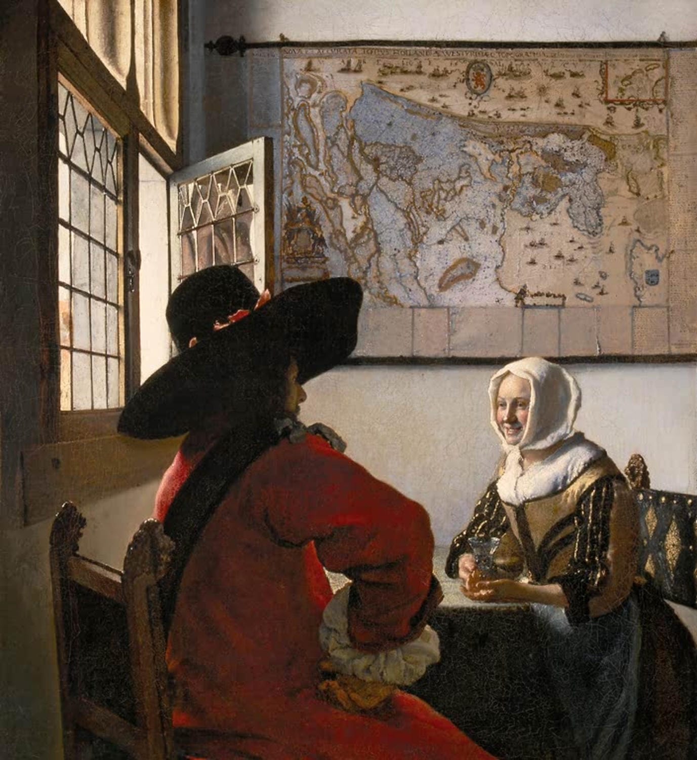 Gemälde „Der Soldat und das lachende Mädchen“ von Johannes Vermeer in heller Innenraumszene