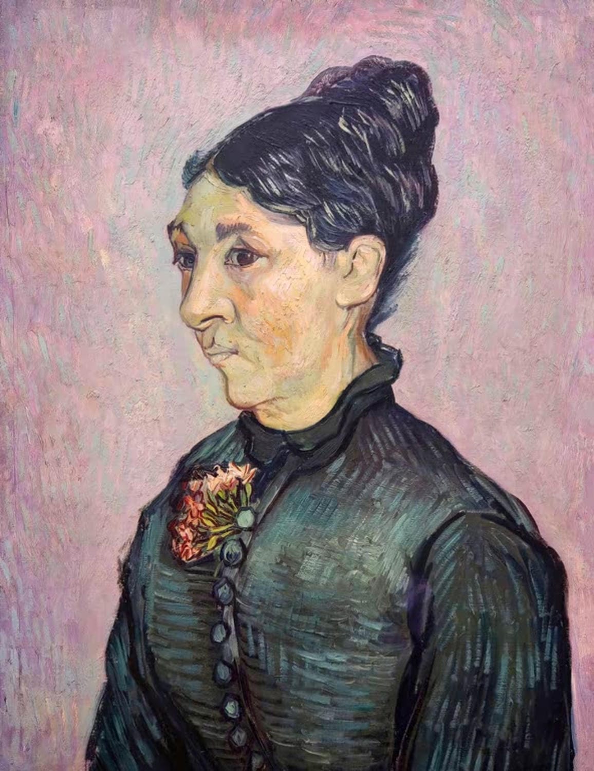 Kunstdruck des Gemäldes „Porträt der Madame Jeanne Lafuye Trabuc“ von Vincent van Gogh mit Porträt einer Frau in lebendigen Farben und feinen Pinselstrichen