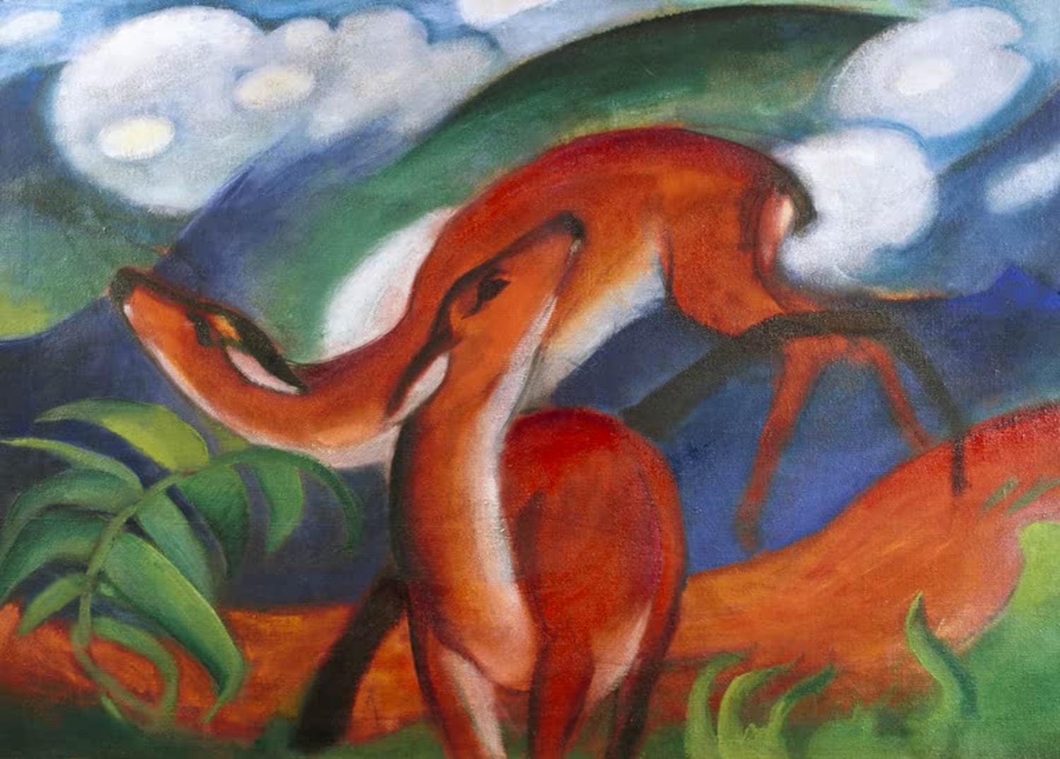 Kunstdruck „Rote Rehe II“ von Franz Marc – expressionistisches Tiermotiv mit roten Rehen als hochwertiger Kunstdruck, auf Leinwand oder Poster, optional gerahmt, handgefertigt in Deutschland.