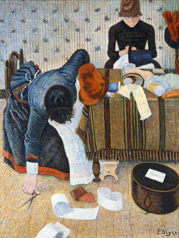 „Die Hutmacherinnen“ von Paul Signac – Darstellung von Frauen bei der Arbeit in einer Hutmacherwerkstatt.