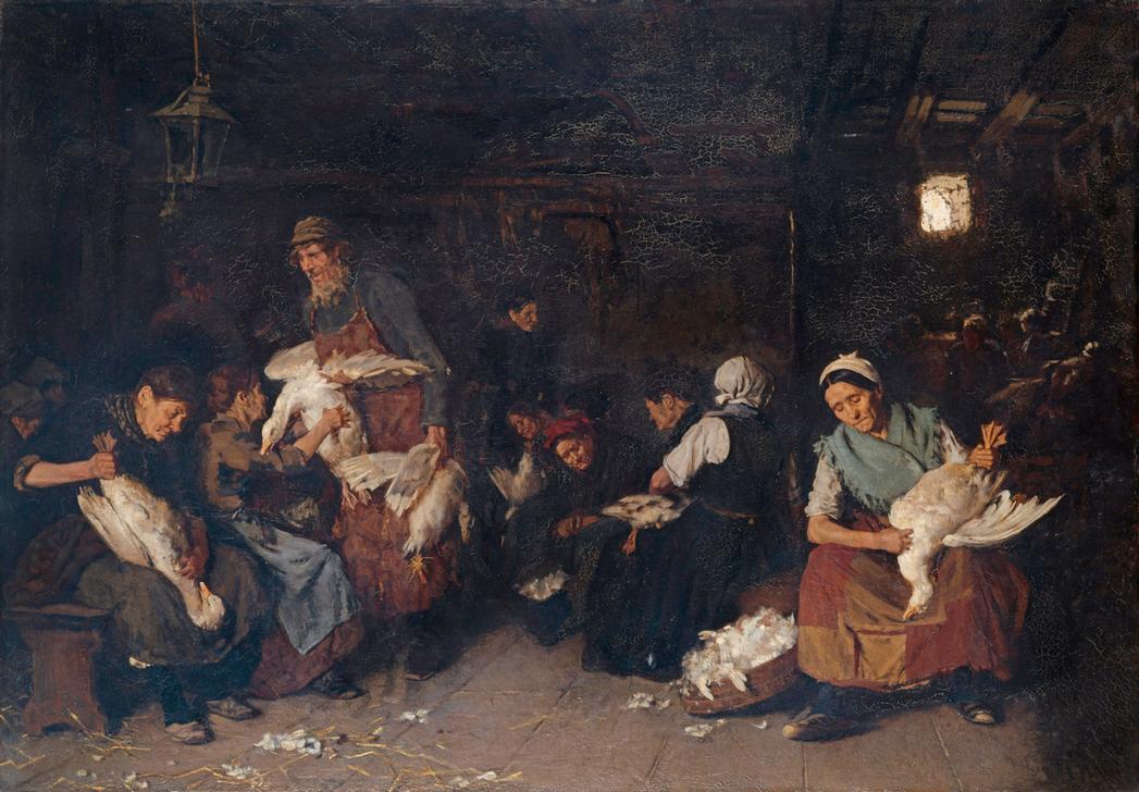 Gemälde 'Die Gänserupferinnen' von Max Liebermann: Realistische Darstellung einer Gruppe von Frauen beim Rupfen von Gänsen, mit detailreichem Licht- und Schattenspiel und authentischer bäuerlicher Atmosphäre.