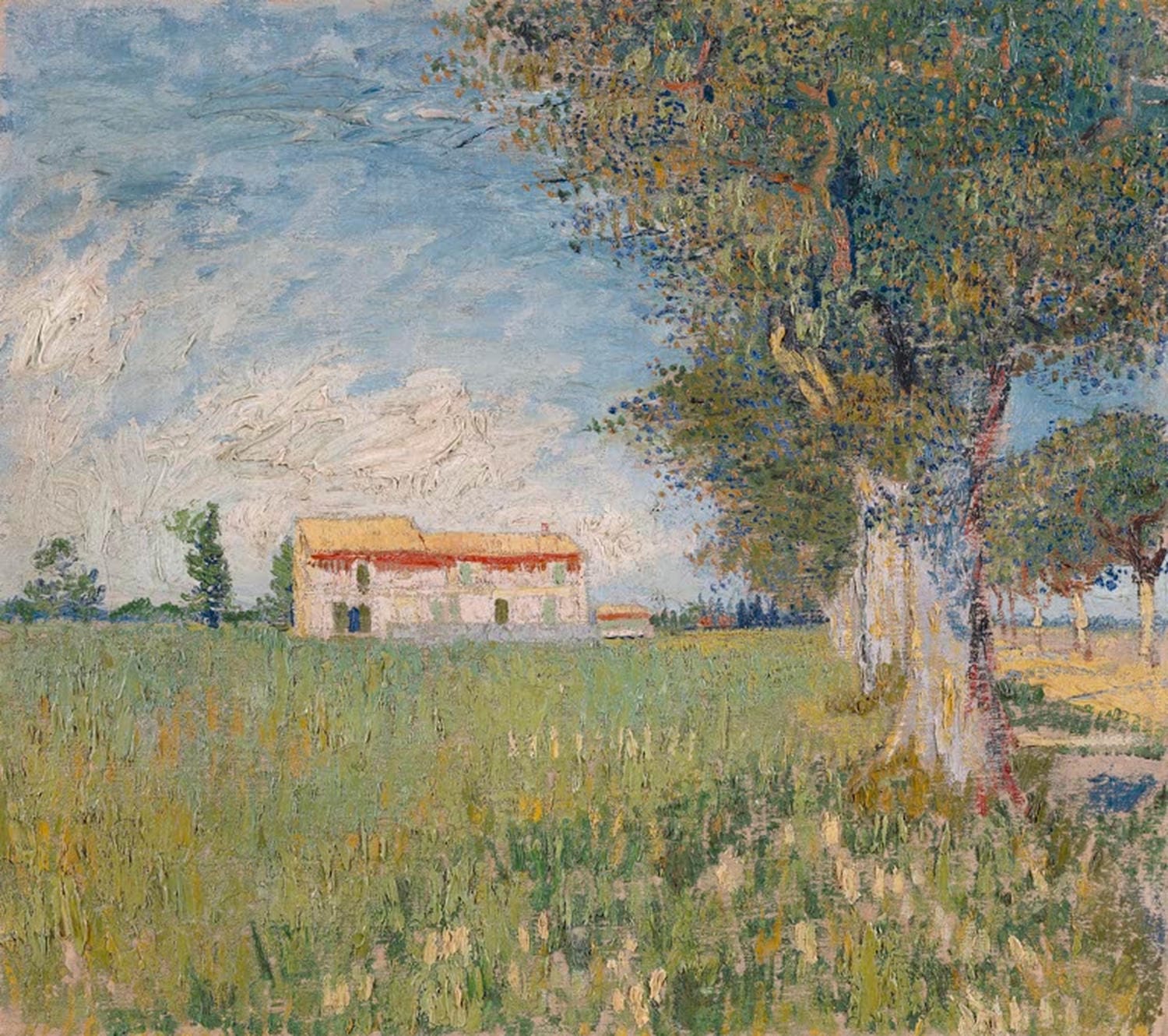 „Bauernhaus in einem Weizenfeld“ von Vincent van Gogh – postimpressionistische Landschaft mit goldgelbem Weizenfeld, markantem Bauernhaus und dynamischem Himmel.