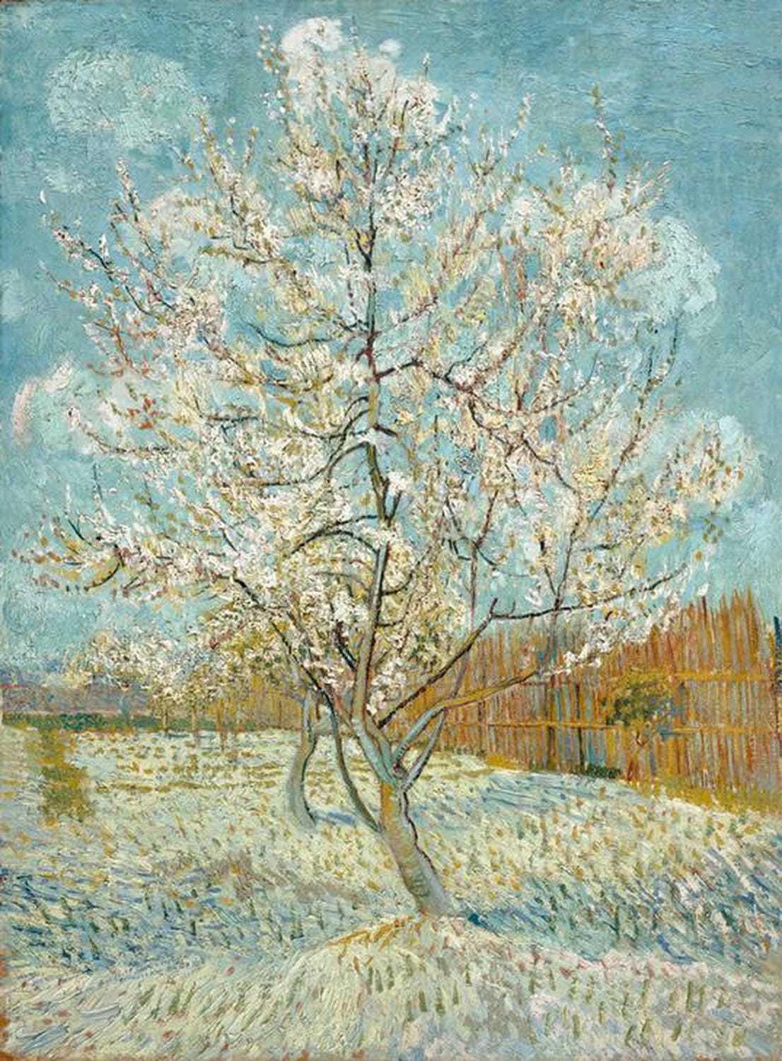 Blühender rosa Pfirsichbaum in einer Frühlingslandschaft – Gemälde von Vincent van Gogh.