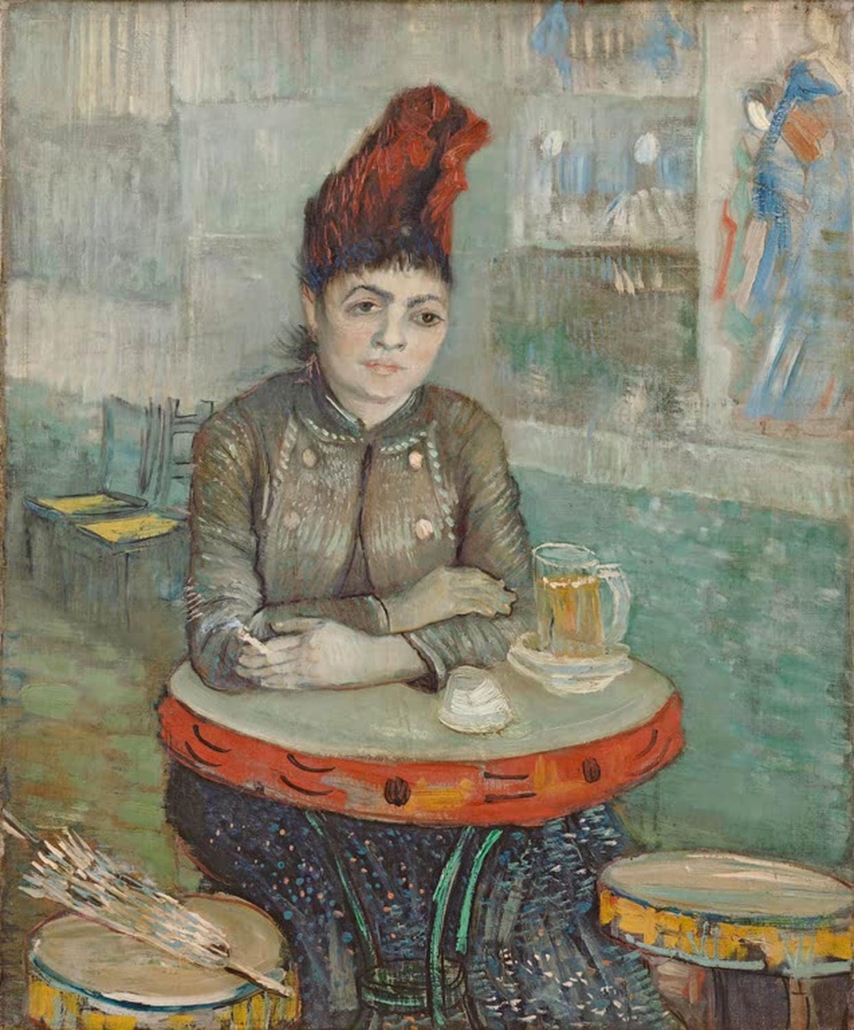 Kunstdruck des Gemäldes „Agostina Segatori im Café du Tambourin“ von Vincent van Gogh mit einer elegant gekleideten Frau in einem Pariser Café, gemalt in kräftigen Farben.