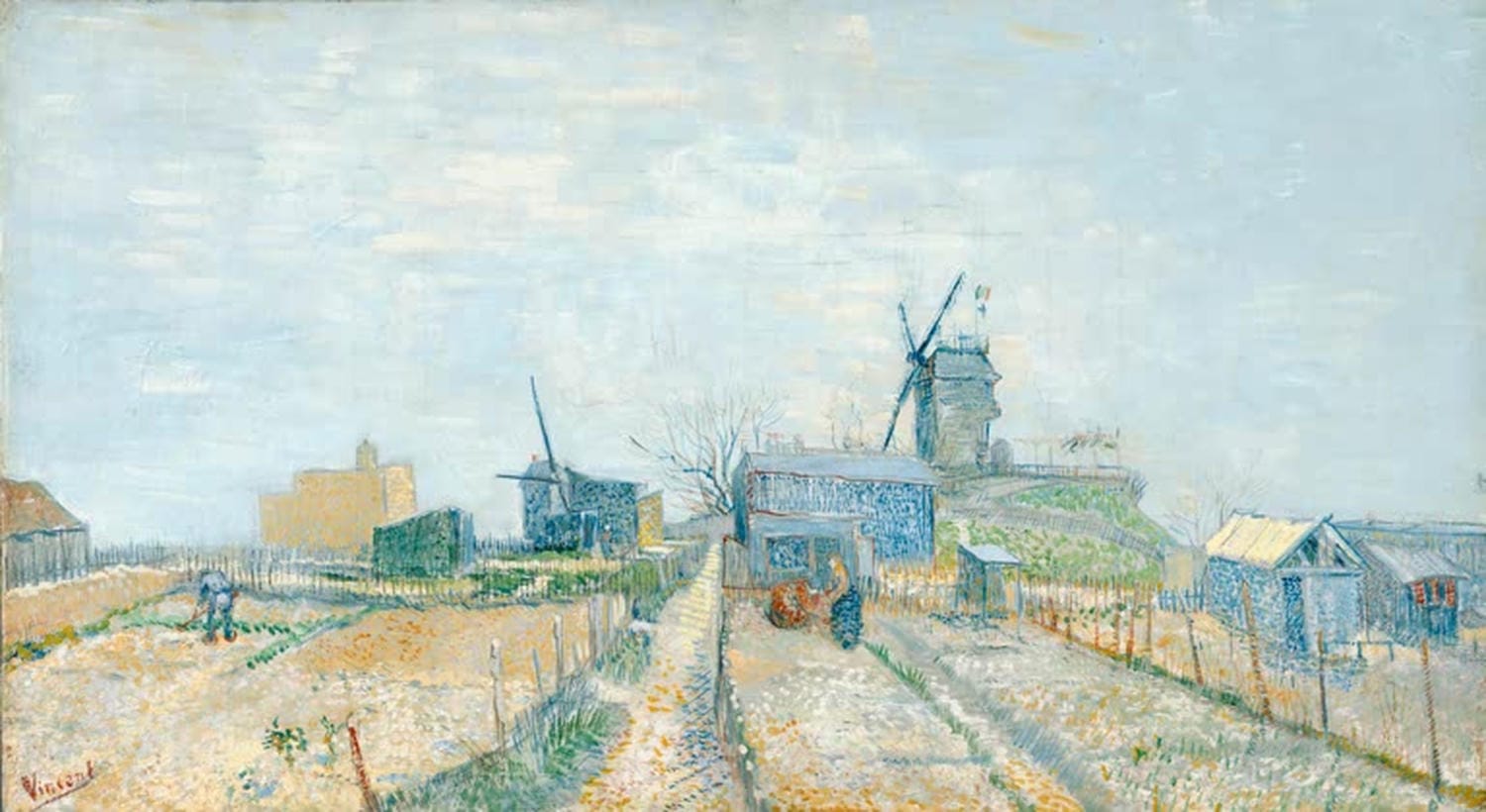 Kunstdruck des Gemäldes „Gemüsegarten und die Mühle Blute-Fin on Montmartre“ von Vincent van Gogh mit Garten, Mühle und Montmartre-Häusern in lebendigen Farben