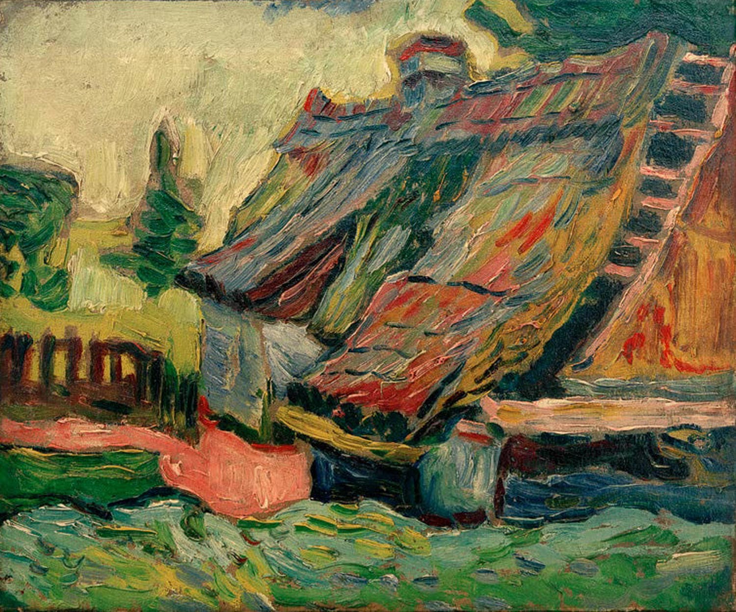 Max Pechstein, „Bauernkate“, expressionistisches Gemälde einer ländlichen Kate umgeben von Feldern und Bäumen.