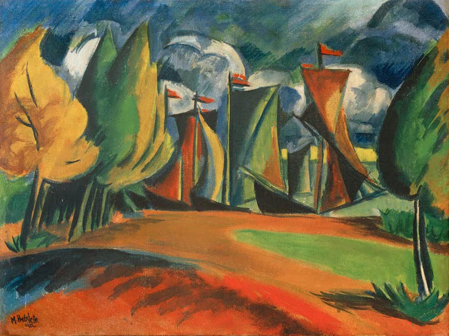 Max Pechstein, „Kurenkähne in der Bucht“, expressionistisches Gemälde mit Booten in ruhiger Küstenlandschaft.