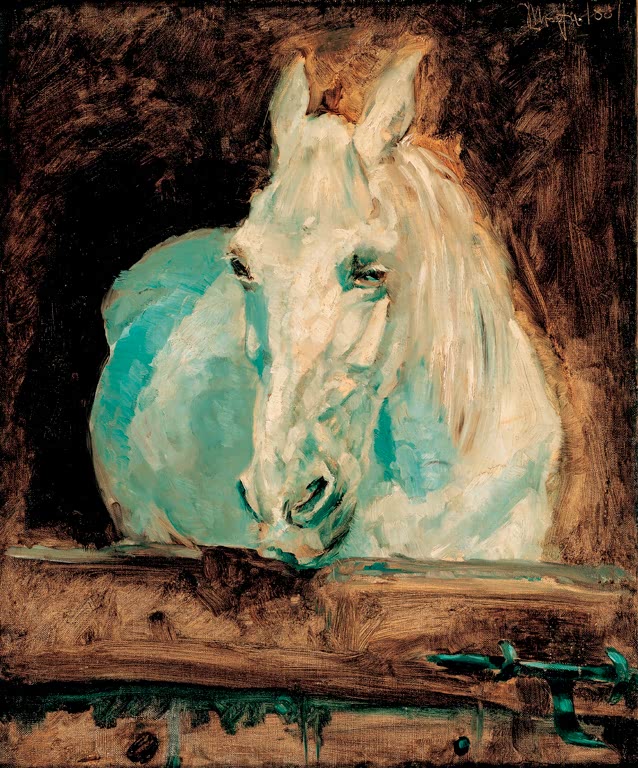 Weißer Schimmel "Gazelle" von Toulouse-Lautrec in expressivem, impressionistischem Stil.