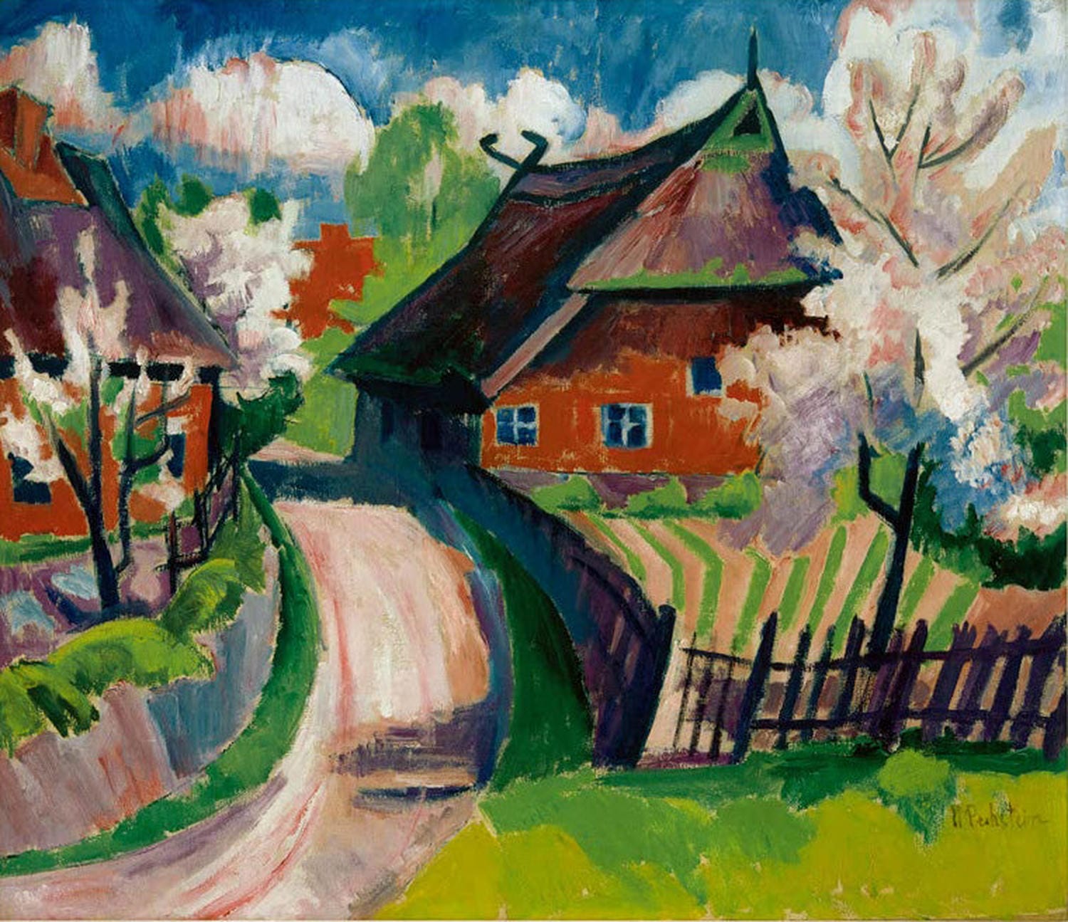 „Frühlingsblüte I“ von Max Pechstein, abstrahierte Frühlingslandschaft mit hellen Farben und lockerer Malweise.