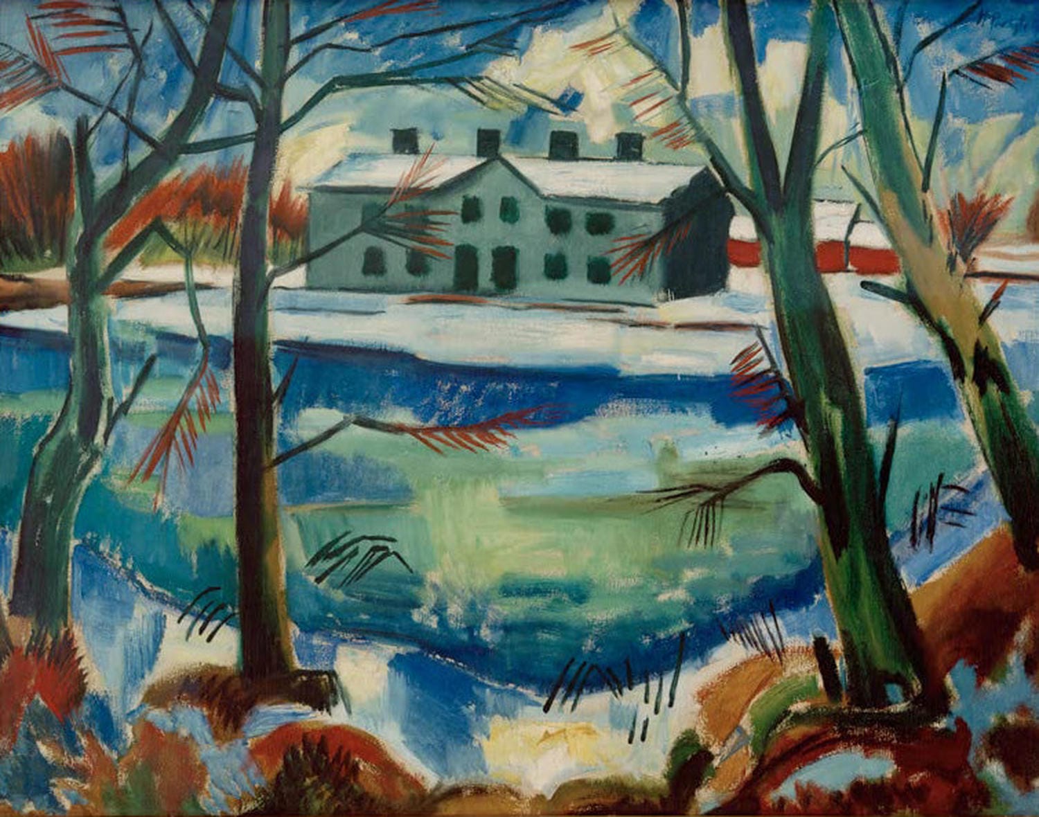 Max Pechstein, „Schneeschmelze“, expressionistisches Gemälde einer Landschaft im Übergang vom Winter zum Frühling.