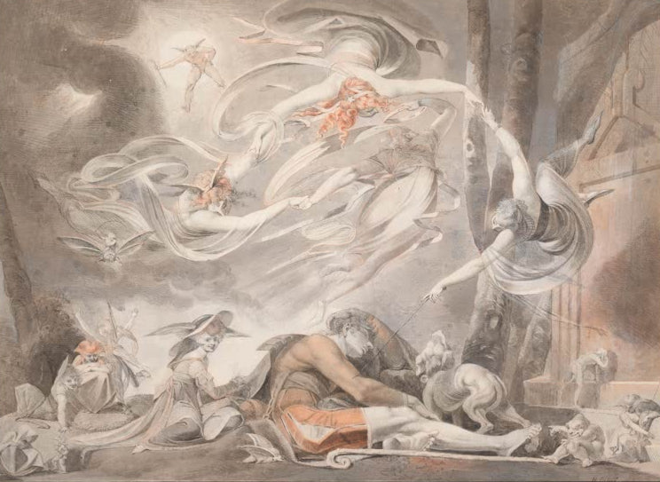 Kunstdruck des Gemäldes Traum des Schäfers von Johann Heinrich Füssli mit traumhafter Szene, mythologischer Stimmung und fantastischer Bildsprache.