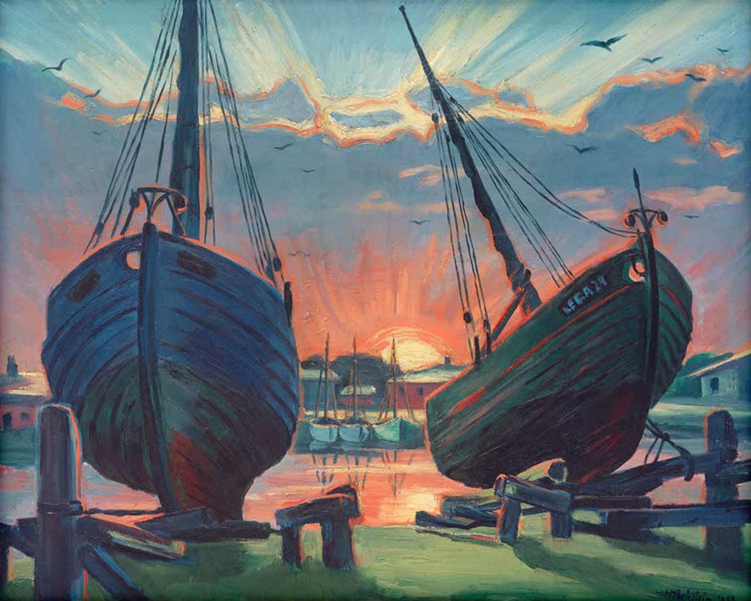 Max Pechstein, „Kutter zur Reparatur“, expressionistisches Gemälde von zwei Fischerbooten auf dem Trockenen.