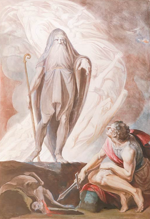 Kunstdruck des Gemäldes Teiresias erscheint Odysseus beim Totenopfer von Johann Heinrich Füssli mit dramatischer Mythologieszene und geheimnisvoller Atmosphäre.