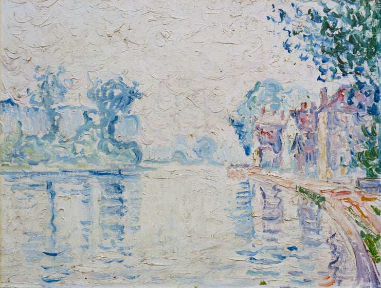 „Die Seine bei Samois“ von Paul Signac – neoimpressionistische Flusslandschaft mit der Seine und bewachsenen Ufern.