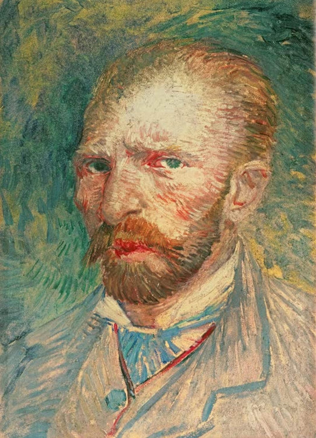 Kunstdruck des Gemäldes „Selbstbildnis“ von Vincent van Gogh mit markantem Gesichtsausdruck und lebendigen Pinselstrichen