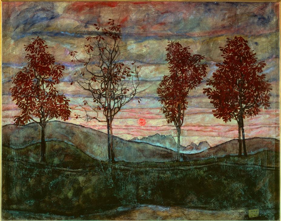 Ausdrucksstarkes Landschaftsgemälde mit vier Bäumen von Egon Schiele in intensiven Farben.