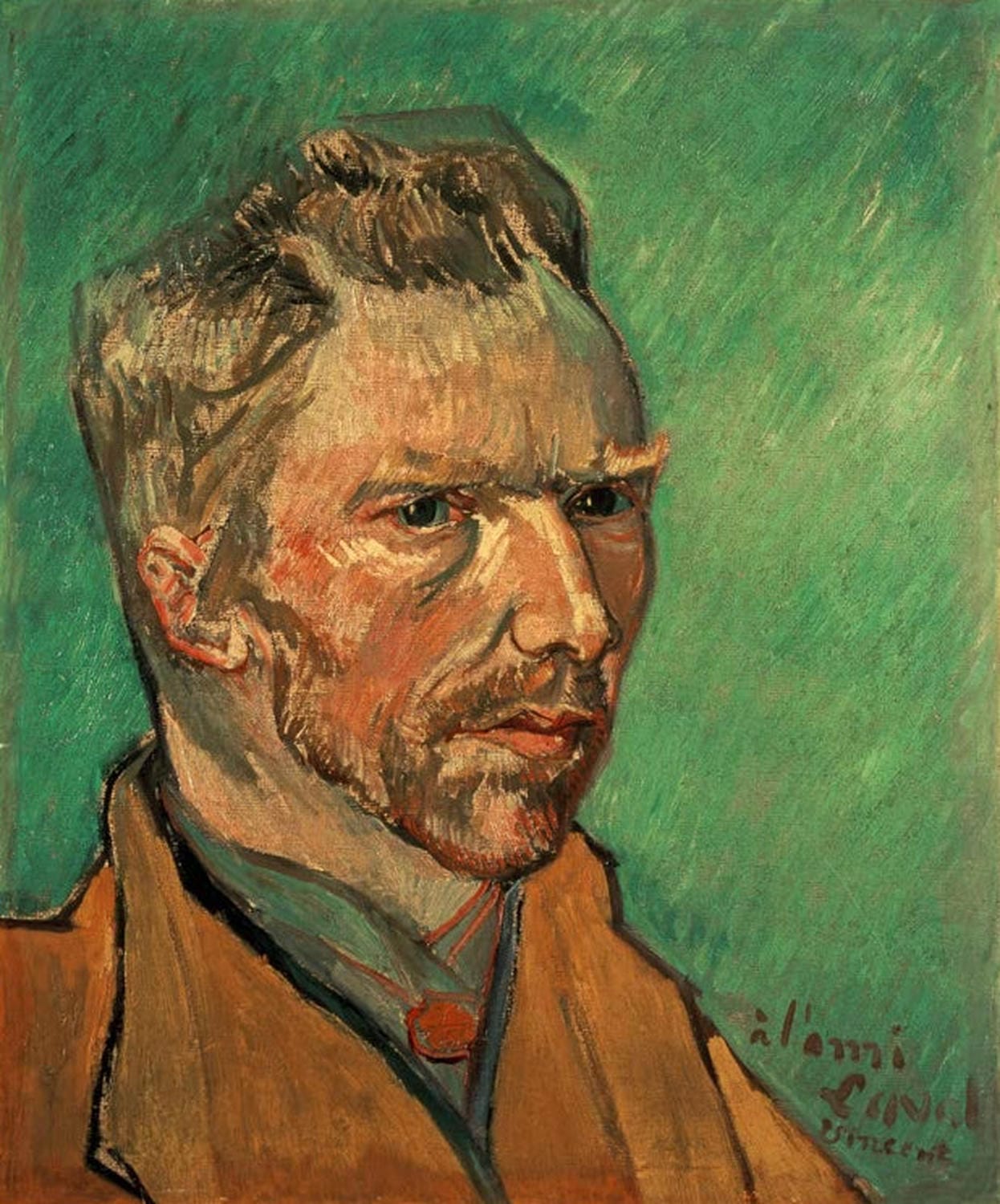 „Selbstbildnis“ von Vincent van Gogh mit grünem Hintergrund: Gesicht und Kleidung in kräftigen Farben und markanten, dynamischen Pinselstrichen dargestellt.