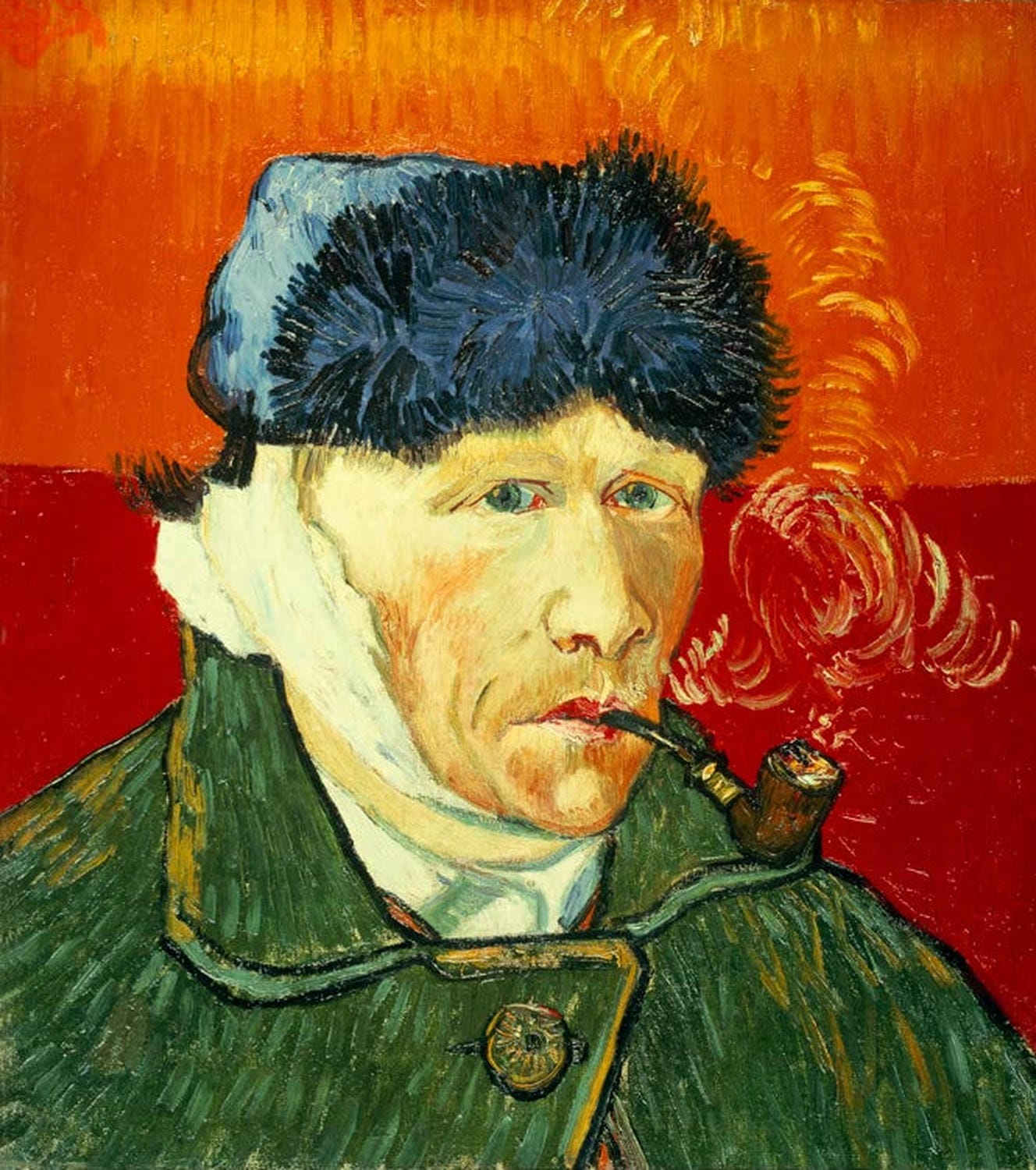 Selbstbildnis mit Pelzmütze, verbundenem Ohr und Tabakspfeife von Vincent van Gogh – ausdrucksstarkes Porträt als hochwertiger Kunstdruck auf Poster oder Leinwand erhältlich.