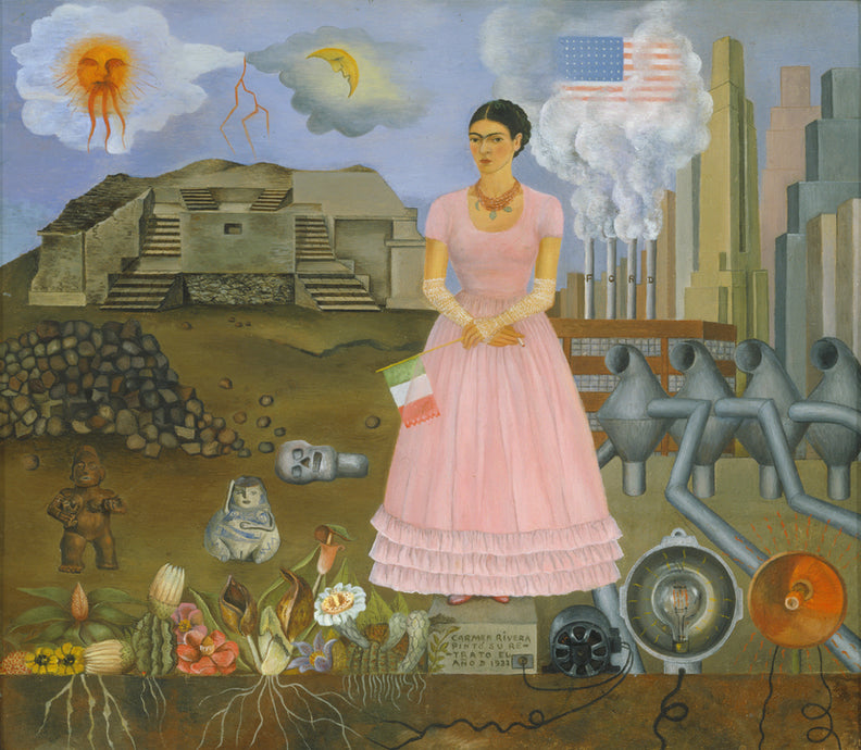 Kunstdruck von Frida Kahlos Selbstbildnis an der Grenze zwischen Mexiko und den Vereinigten Staaten, das die Künstlerin auf einem Sockel stehend zeigt, mit Blick auf die kontrastierenden Landschaften beider Länder.