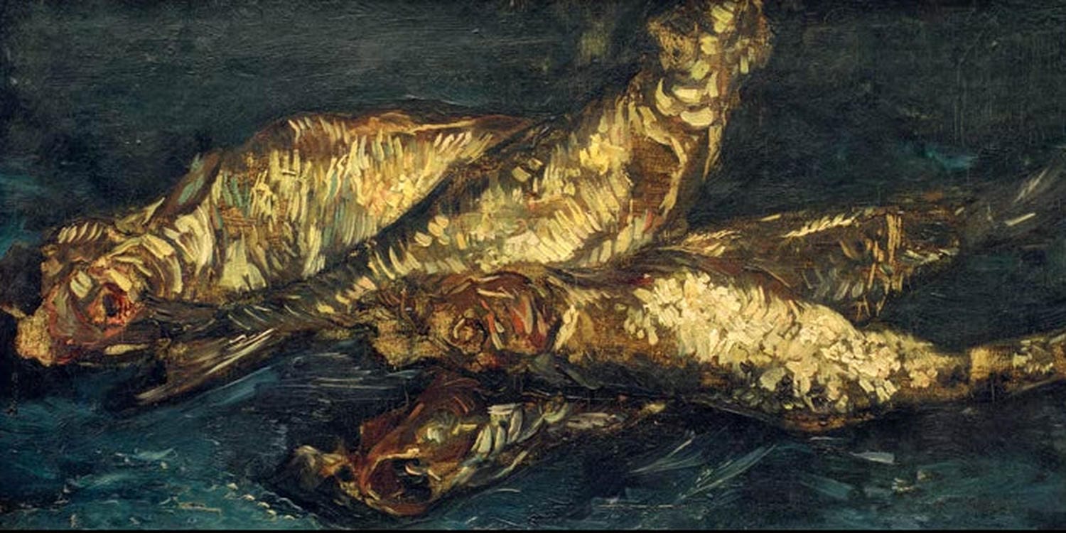 Kunstdruck des Gemäldes „Stillleben mit Bücklingen“ von Vincent van Gogh mit Fischen auf einem Tisch, kräftigen Farben und typischen expressiven Pinselstrichen.
