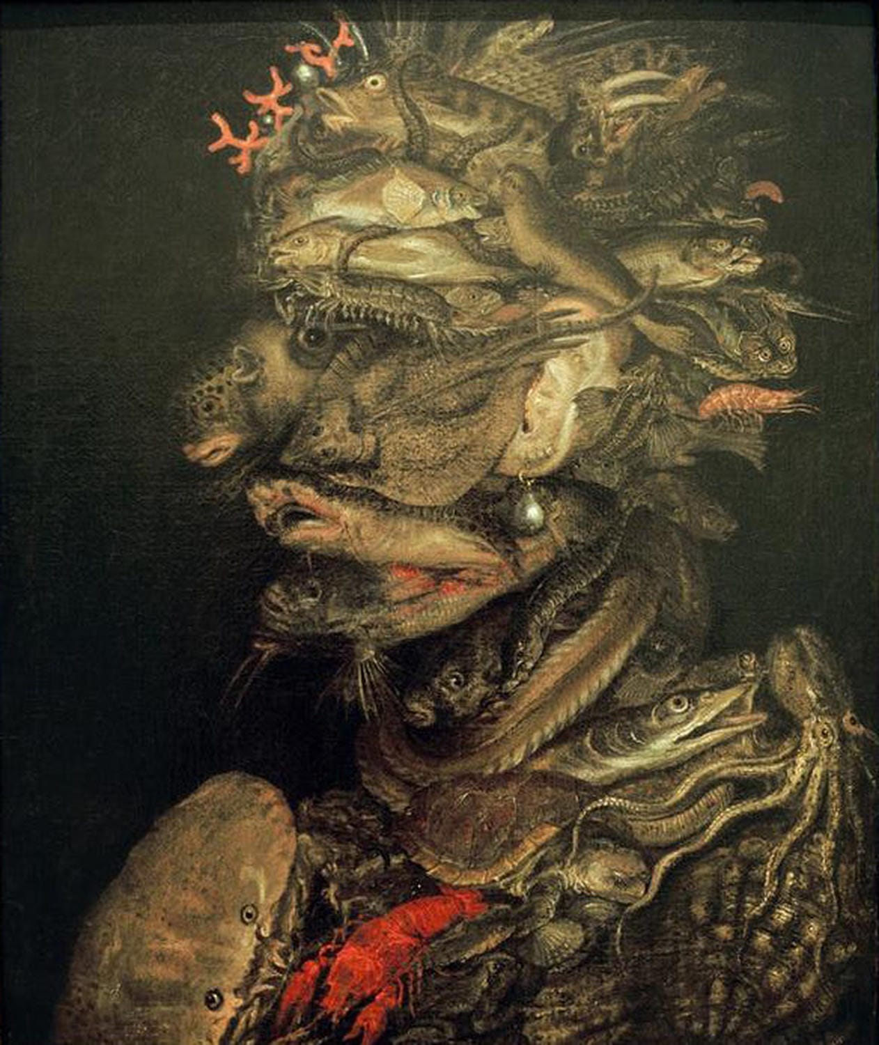 Kunstdruck von Giuseppe Arcimboldos Das Wasser, das ein Porträt zeigt, das aus Meerestieren wie Fischen, Schnecken und Krebsen besteht und die Vielfalt des Wasserelements symbolisiert.​