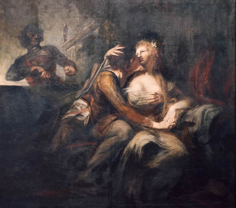 Kunstdruck des Gemäldes Paolo und Francesca von Johann Heinrich Füssli mit tragischer Liebesszene, dramatischer Stimmung und klassischer Komposition.
