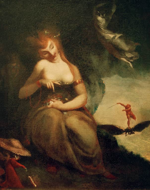 Kunstdruck des Gemäldes Perdita umgeben von drei Furien, im Hintergrund Ariel von Johann Heinrich Füssli mit dramatischer Figurenszene.