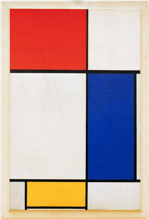 "Komposition mit Rot, Gelb und Blau" von Piet Mondrian zeigt ein abstraktes Design mit klaren geometrischen Linien und leuchtenden Farben. Das Gemälde ist ein Beispiel des Neoplastizismus, das einfache Formen und Primärfarben nutzt, um Harmonie und Balance auszudrücken.