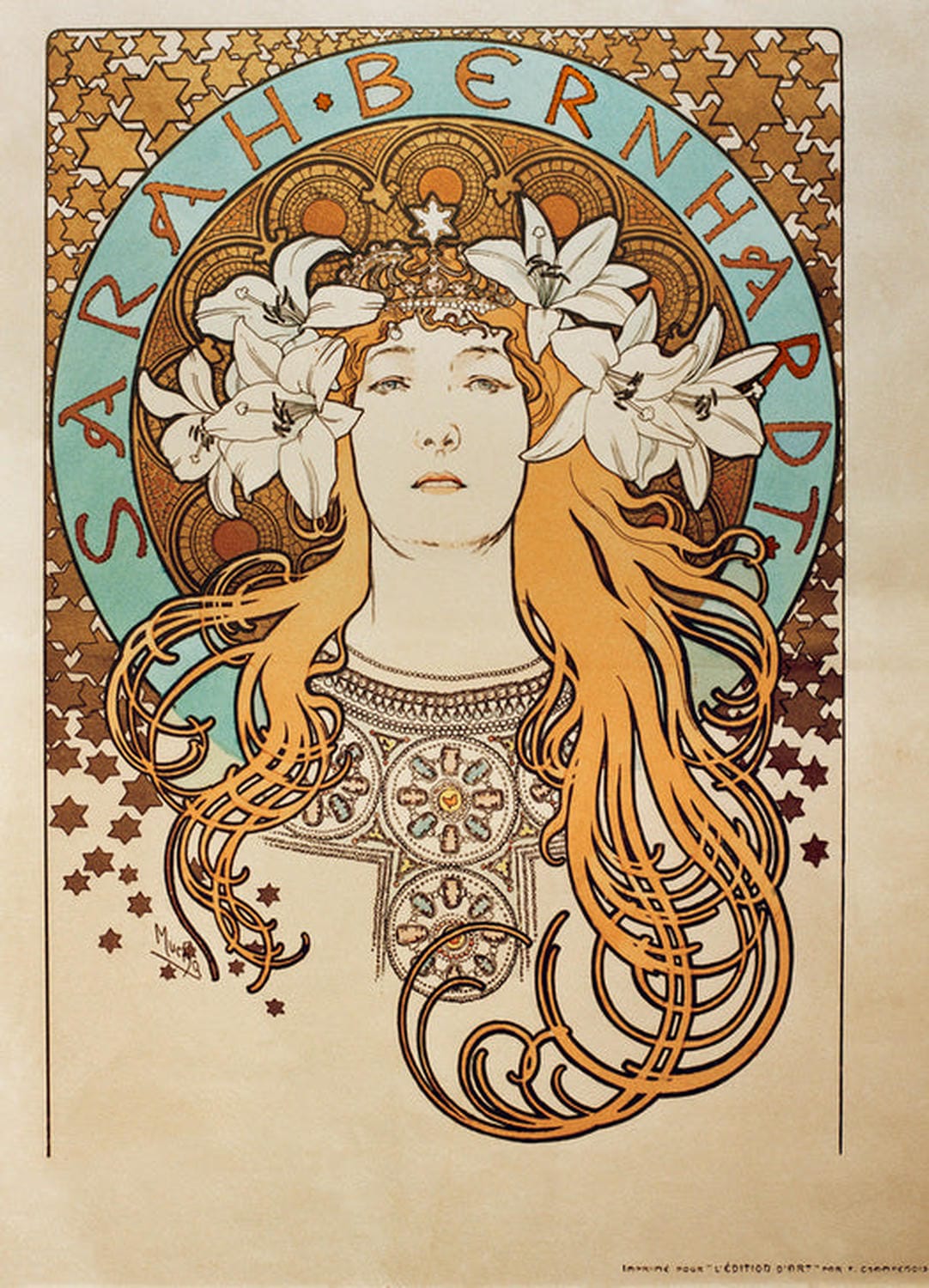 Sarah Bernhardt von Alfons Mucha: Ein elegantes Plakat im Jugendstil, das die berühmte Schauspielerin Sarah Bernhardt in einer dramatischen Pose zeigt, umgeben von kunstvollen, floralen Mustern und dekorativen Details, die den Stil von Mucha verkörpern.