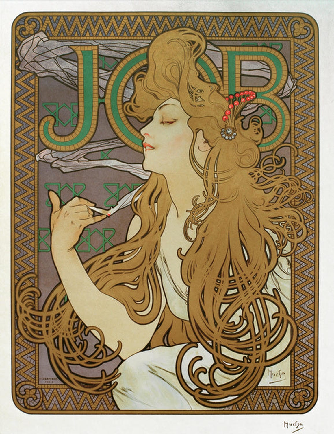 Job Cigarettes von Alfons Mucha: Ein ikonisches Plakat im Jugendstil, das eine stilisierte Frau zeigt, die eine Zigarette hält, umgeben von floralen Mustern und eleganten Linien, die für Muchas dekorativen Stil charakteristisch sind.