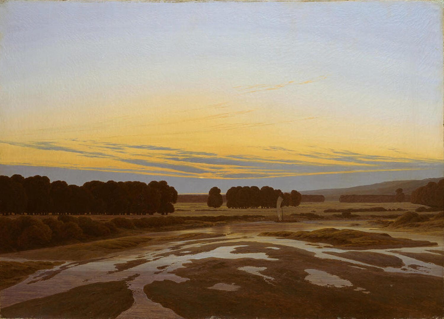 Weite Landschaft mit Bäumen und Nebelstimmung im Gemälde „Das große Gehege“ von Caspar David Friedrich.