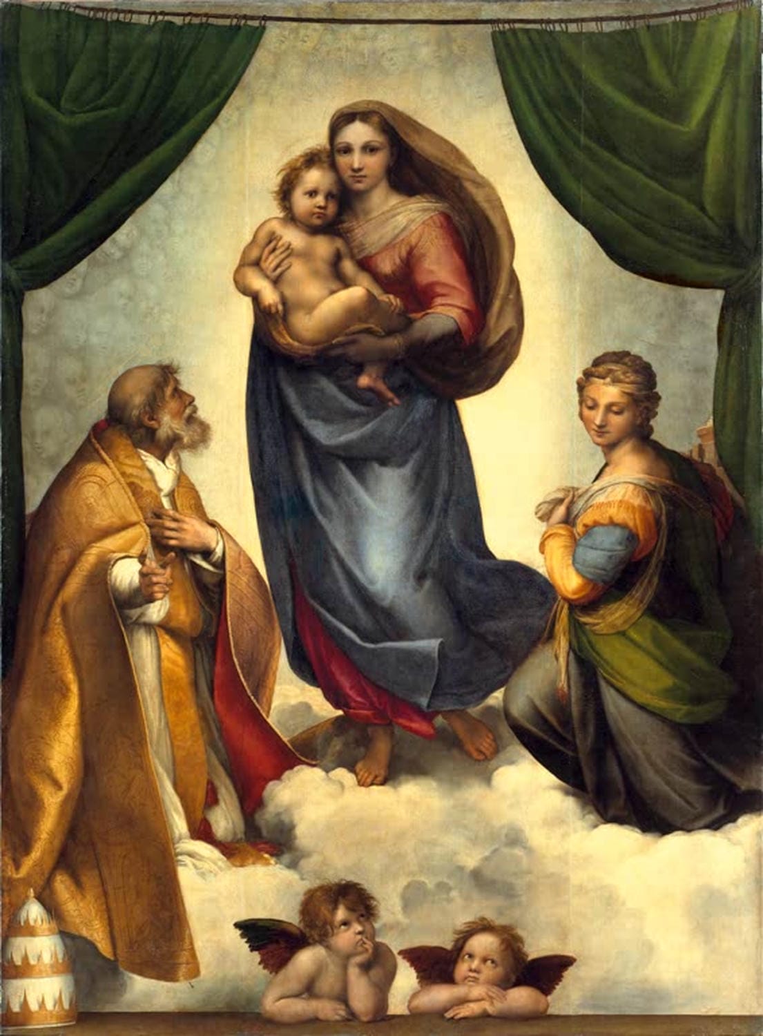 Raffael Gemälde „Sixtinische Madonna“ – berühmtes Renaissancebild mit der Madonna, dem Jesuskind und zwei Engelchen unten im Bild.