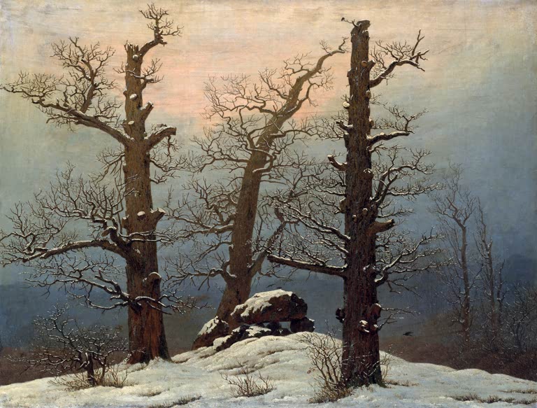 „Hünengrab im Schnee“ von Caspar David Friedrich – monumentales Hünengrab in einer verschneiten Landschaft mit dunklen Bäumen.