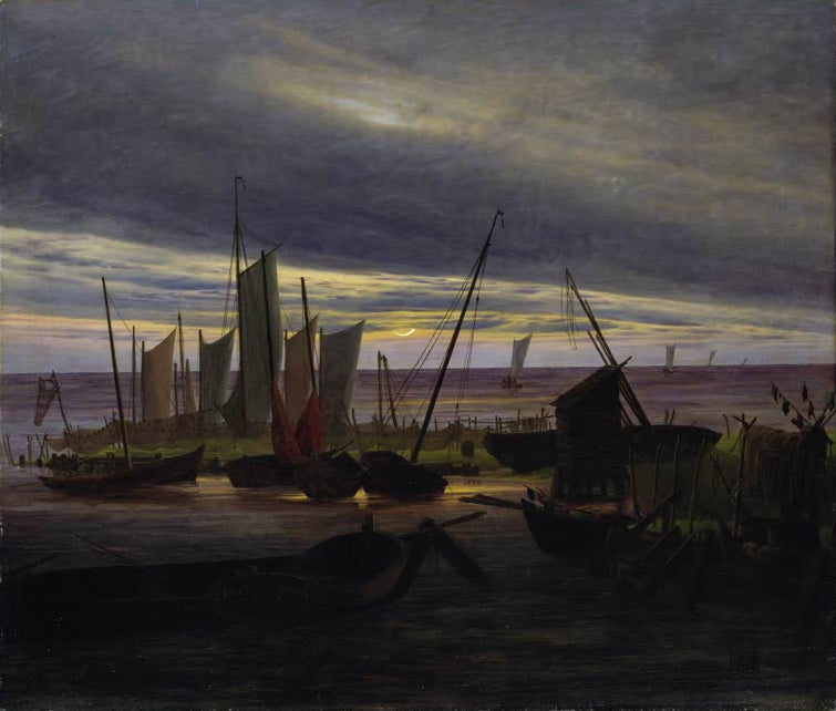 „Schiffe im Hafen am Abend“ von Caspar David Friedrich – romantische Hafenszene mit Segelschiffen im warmen Abendlicht.