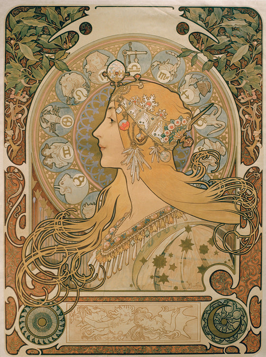 Tierkreis von Alfons Mucha: Ein kunstvolles Gemälde im Jugendstil, das die zwölf Sternzeichen in stilisierten, floralen Darstellungen zeigt, umgeben von eleganten Mustern und astrologischen Symbolen, die die mystische Aura des Werkes betonen.