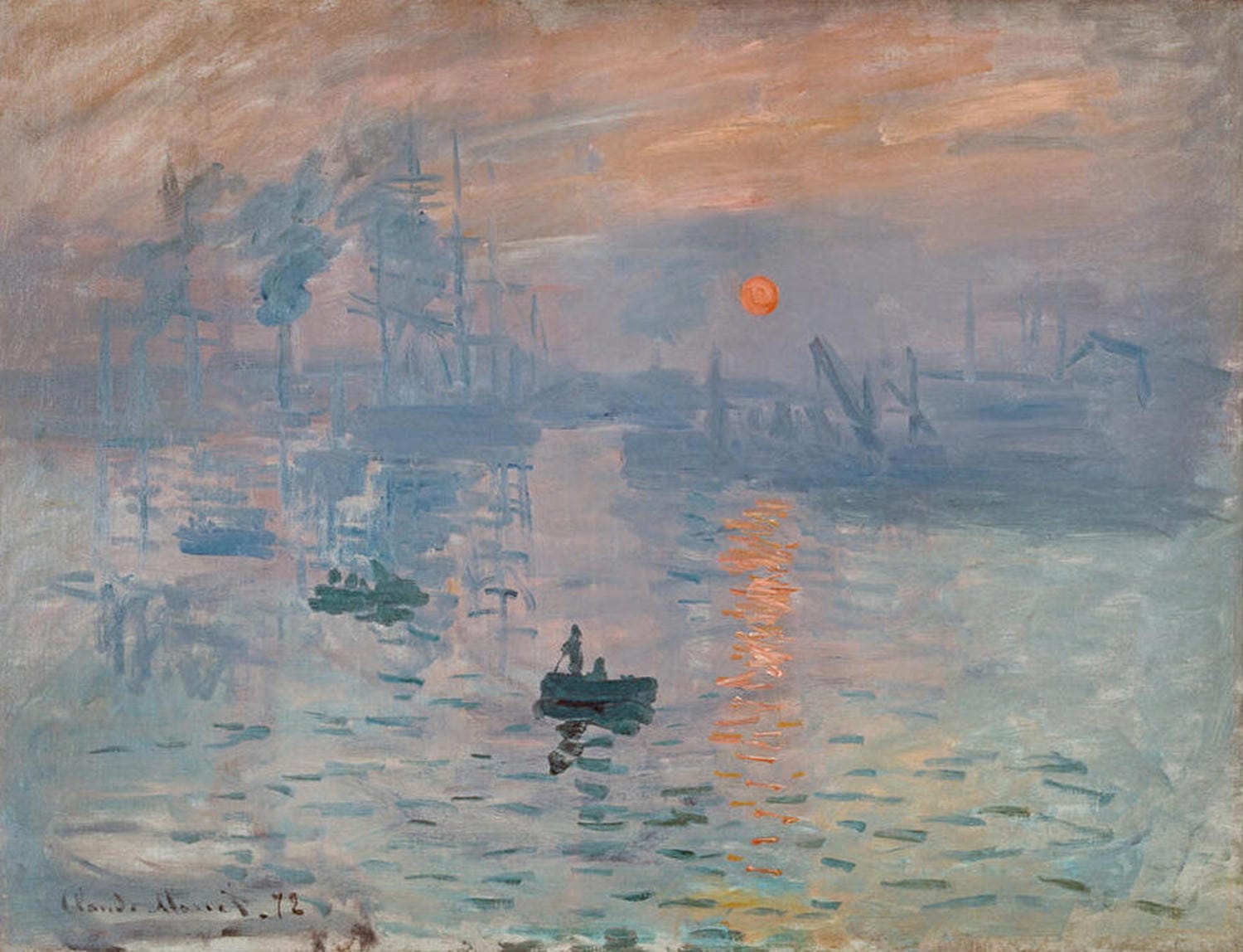 Impression Sonnenaufgang von Claude Monet: Impressionistisches Gemälde eines Hafens bei Sonnenaufgang, mit orangefarbenem Licht auf ruhigem Wasser und schemenhaften Booten im Nebel.