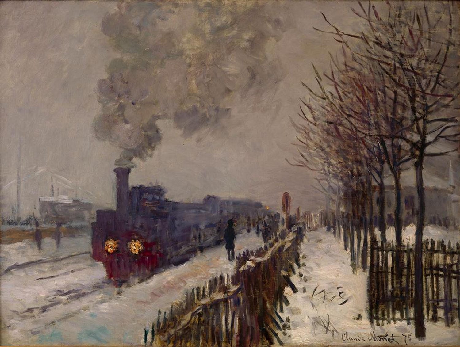 Impressionistisches Gemälde von Claude Monet mit einer Dampflokomotive im verschneiten Winter.