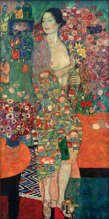 Gemälde einer tanzenden Frau mit ornamentalen Mustern von Gustav Klimt.