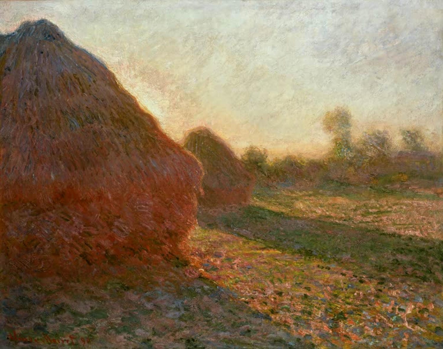 Claude Monet Gemälde „Heuschober, letzte Sonnenstrahlen“ – impressionistische Landschaft mit Heuschober im warmen Abendlicht.
