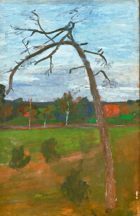 Kunstdruck von Kahler Baum vor Landschaft von Paula Modersohn-Becker – reduzierte Landschaftsdarstellung mit Baum als hochwertiger Kunstdruck.
