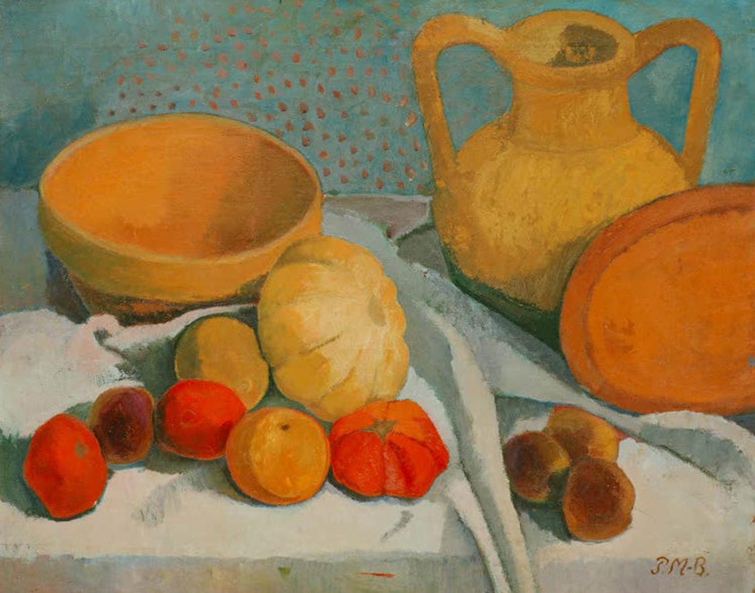 Stillleben mit gelbem Napf und Tonkrug von Paula Modersohn-Becker, expressionistisches Stillleben mit Keramikgefäßen