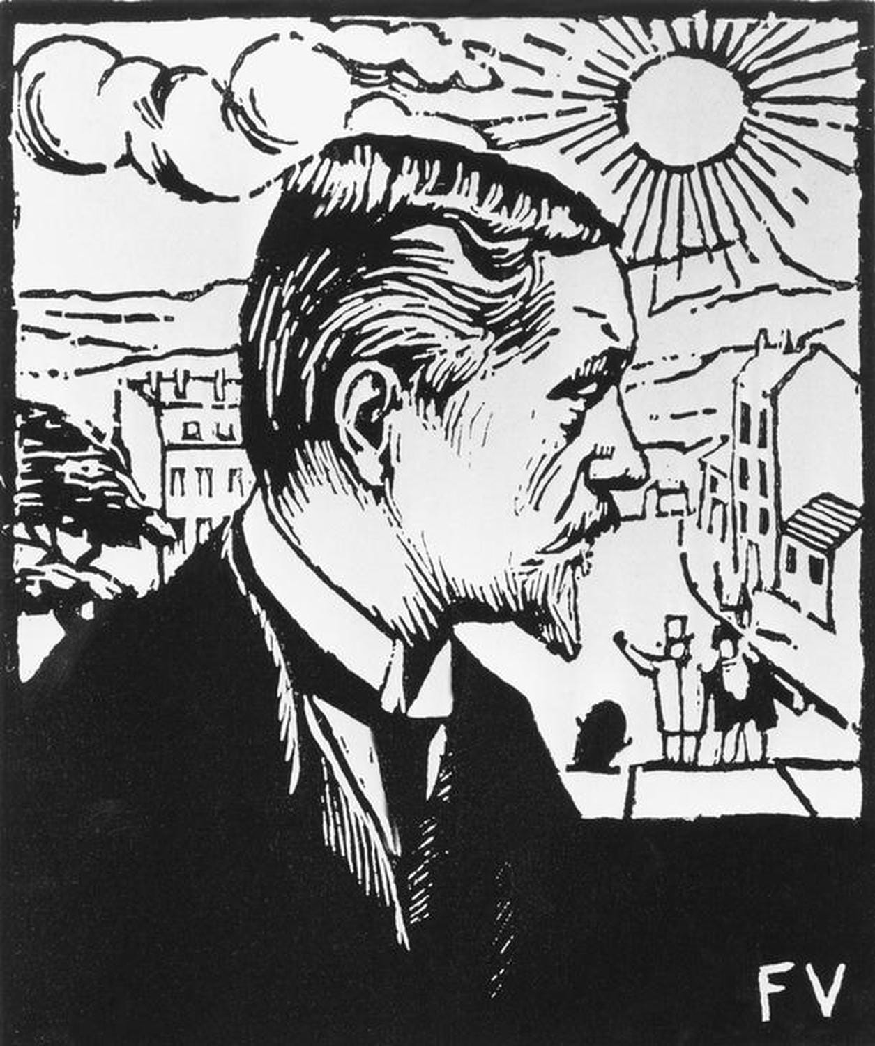 Kunstdruck des schwarz-weißen Holzschnitts Selbstportrait von Félix Vallotton, der den Künstler in starken Kontrasten und markanten Linien zeigt und seine Selbstwahrnehmung eindrucksvoll darstellt.