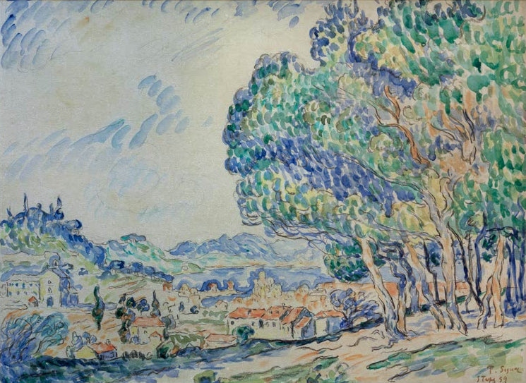 „Saint-Tropez“ von Paul Signac – farbenfrohe neoimpressionistische Küstenlandschaft mit Meer, Booten und mediterranem Licht.