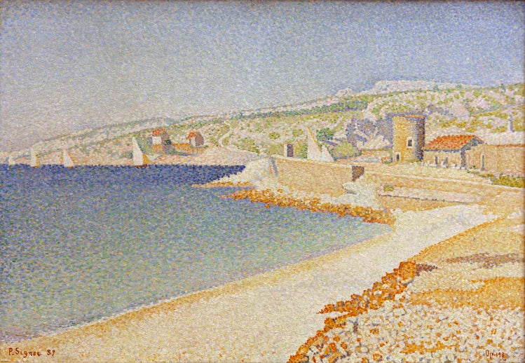 „Die Mole von Cassis“ von Paul Signac – farbenfrohe mediterrane Küstenlandschaft mit Mole, Booten und leuchtendem Meer.