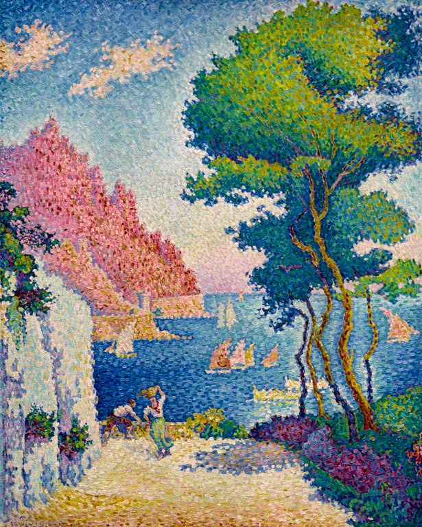 „Capo di Noli, bei Genua“ von Paul Signac – farbenfrohe mediterrane Küstenlandschaft mit Felsen, blauem Meer und weitem Himmel.