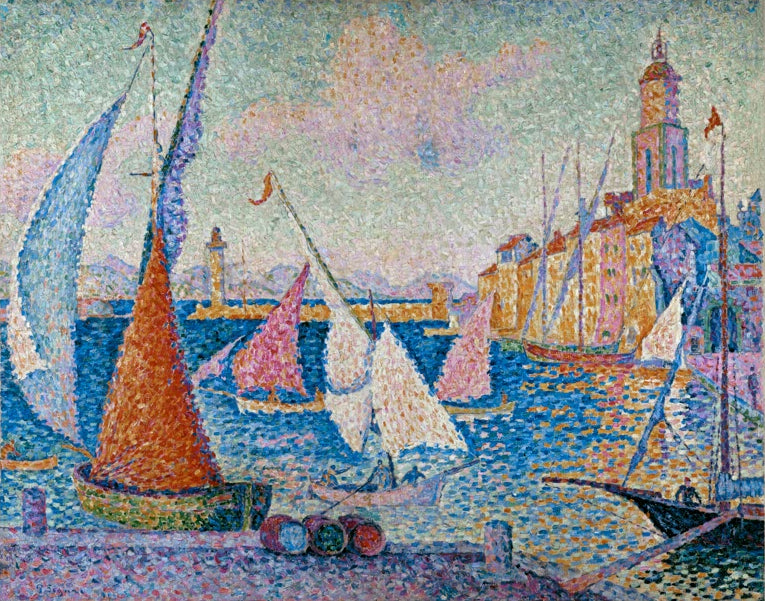„Saint-Tropez, le quai“ von Paul Signac – farbenfrohe neoimpressionistische Hafenszene mit Kai, Booten und mediterraner Küstenlandschaft.